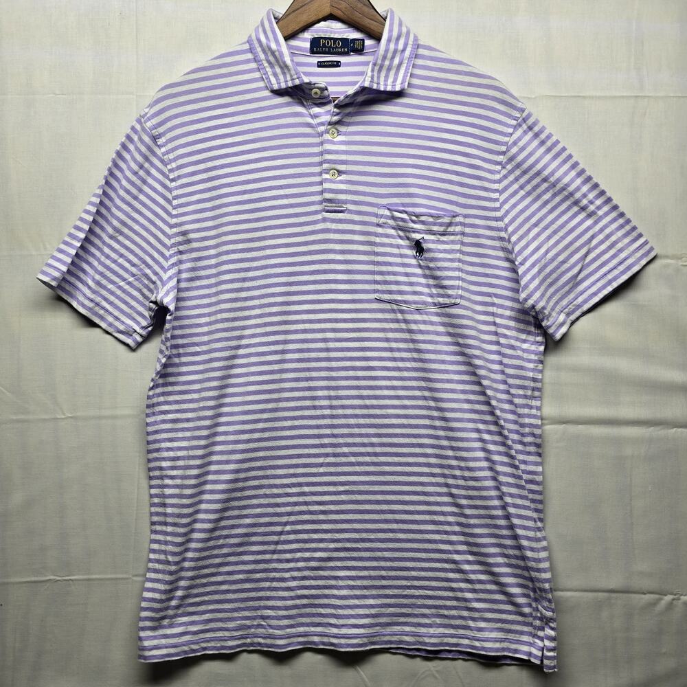 Polo Ralph Lauren Polo Shirt Mens Medium Purple White Striped‎ Cotton Pocket